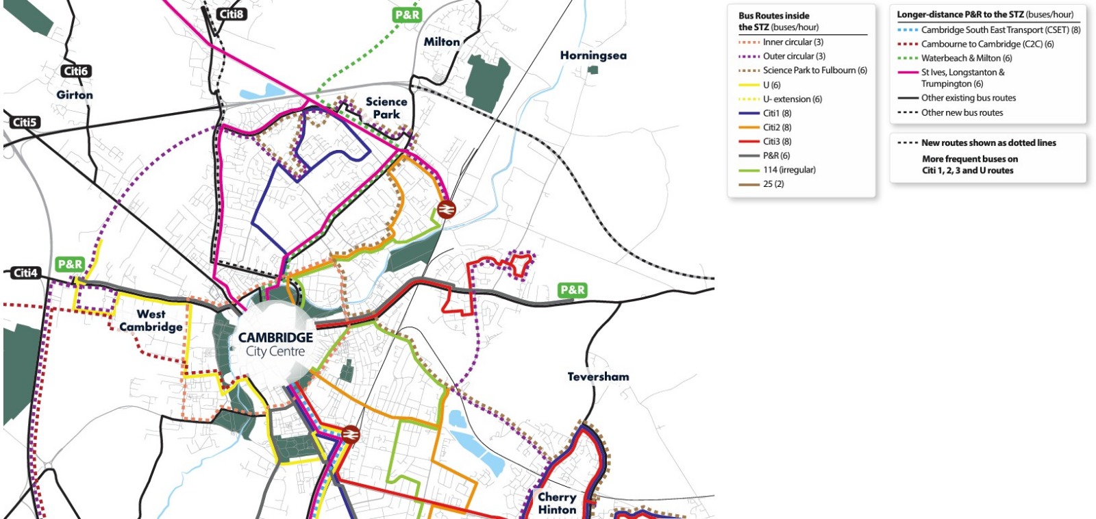 Cambridge city centre bus route map (opens the full PDF)